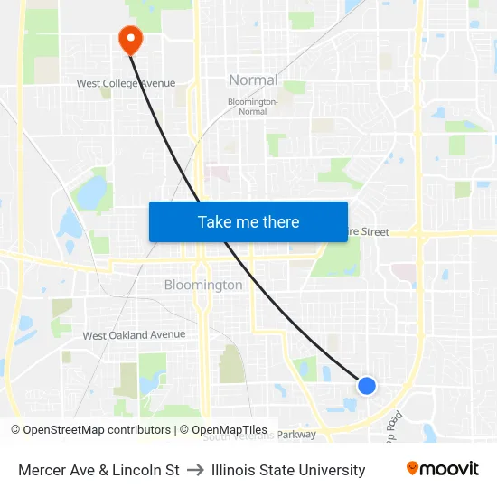 Mercer Ave & Lincoln St to Illinois State University map