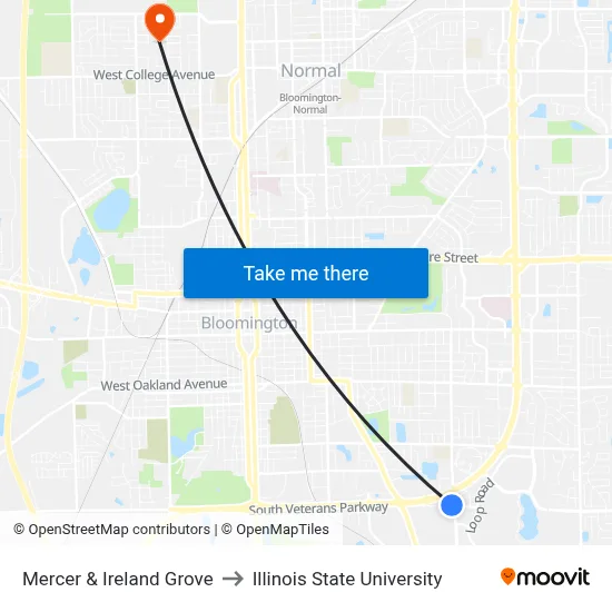 Mercer & Ireland Grove to Illinois State University map