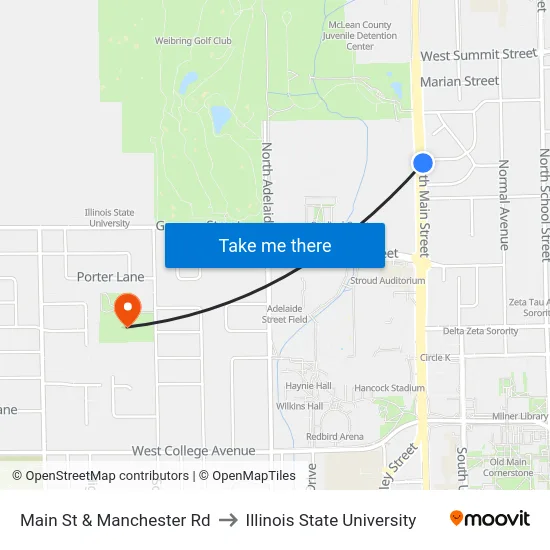 Main St & Manchester Rd to Illinois State University map