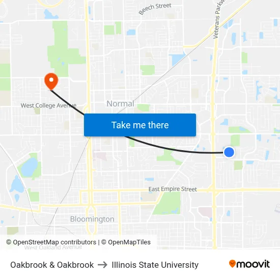 Oakbrook & Oakbrook to Illinois State University map