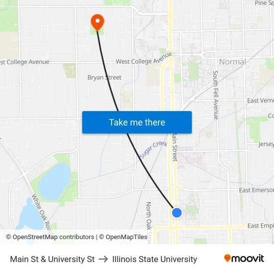 Main St & University St to Illinois State University map