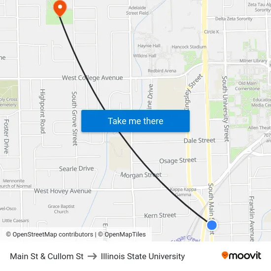 Main St & Cullom St to Illinois State University map
