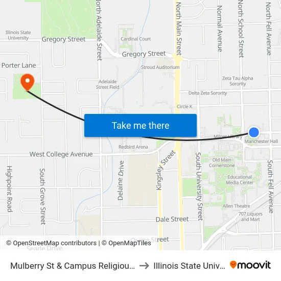 Mulberry St & Campus Religious Center to Illinois State University map