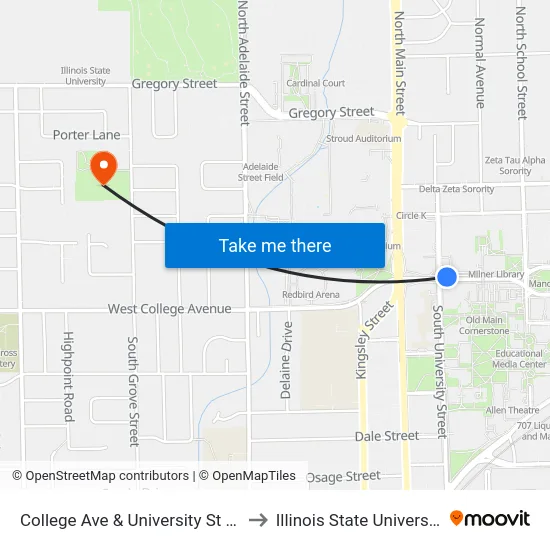 College Ave & University St - N to Illinois State University map