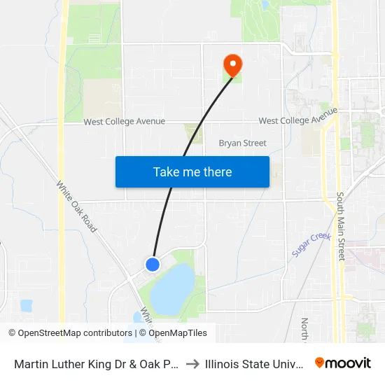 Martin Luther King Dr & Oak Park Rd to Illinois State University map