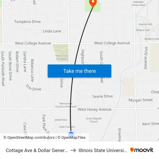 Cottage Ave & Dollar General to Illinois State University map