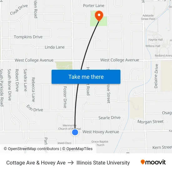 Cottage Ave & Hovey Ave to Illinois State University map