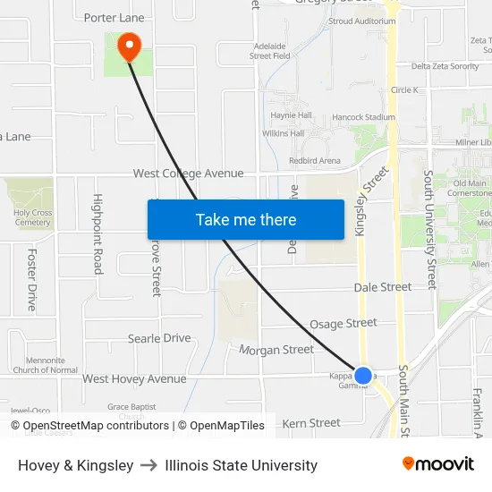 Hovey & Kingsley to Illinois State University map