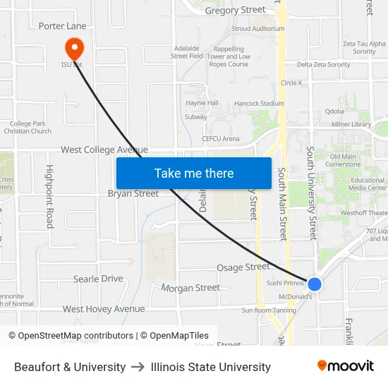 Beaufort & University to Illinois State University map