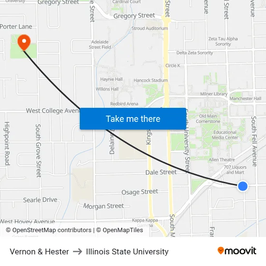 Vernon & Hester to Illinois State University map