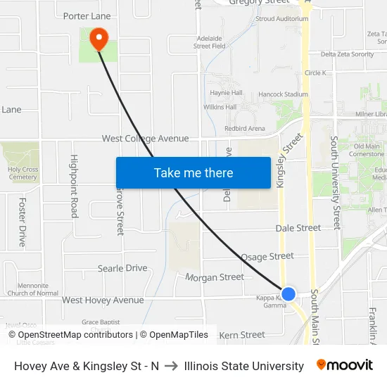 Hovey Ave & Kingsley St - N to Illinois State University map