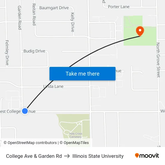 College Ave & Garden Rd to Illinois State University map