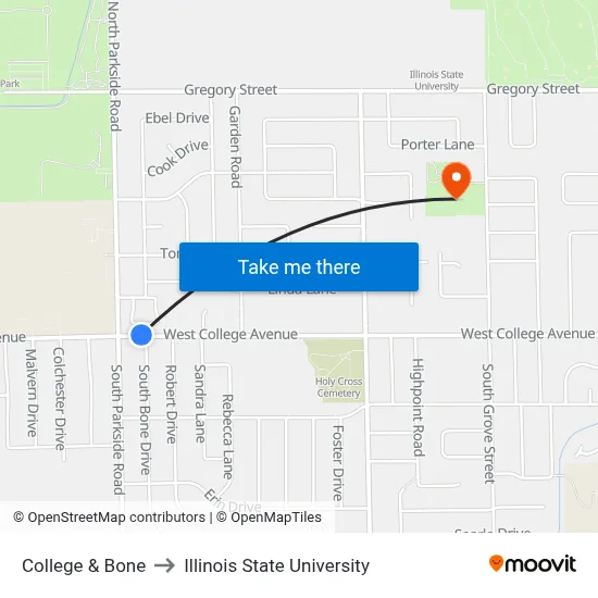 College & Bone to Illinois State University map