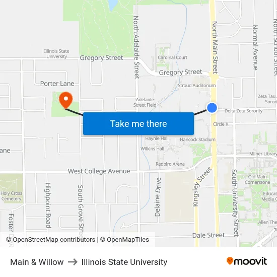 Main & Willow to Illinois State University map