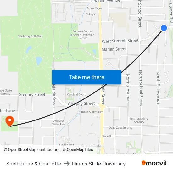 Shelbourne & Charlotte to Illinois State University map