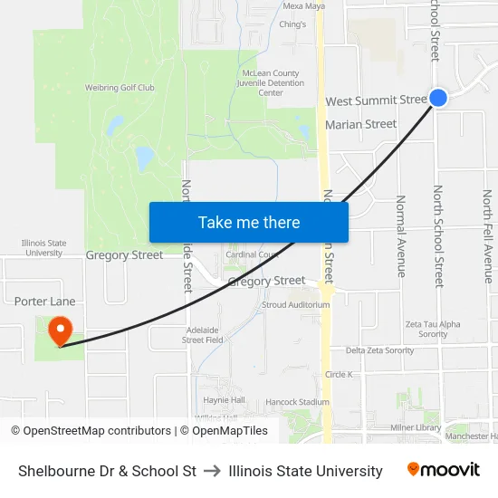 Shelbourne Dr & School St to Illinois State University map