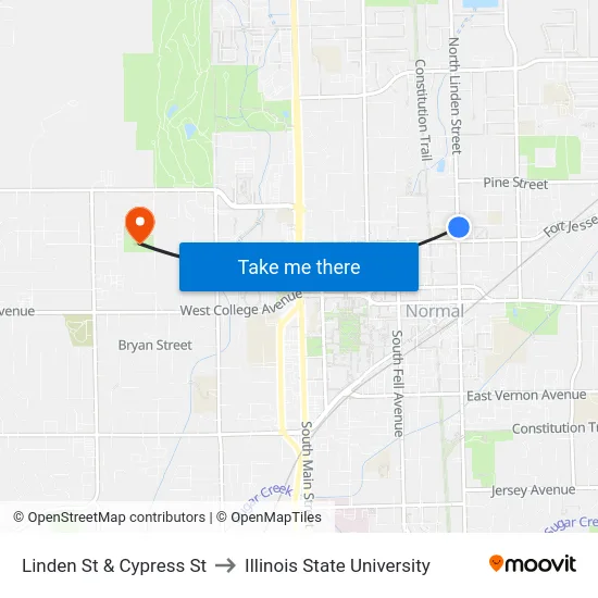 Linden St & Cypress St to Illinois State University map