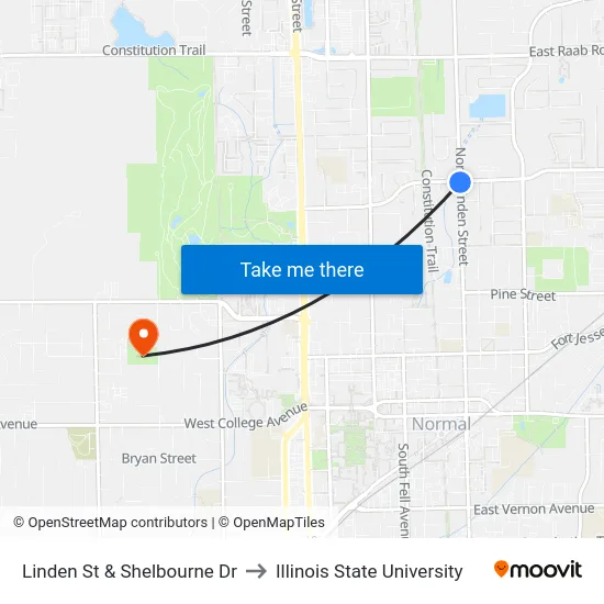 Linden St & Shelbourne Dr to Illinois State University map