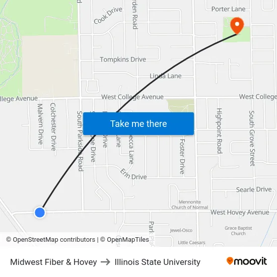 Midwest Fiber & Hovey to Illinois State University map