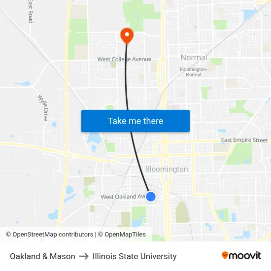 Oakland & Mason to Illinois State University map