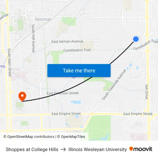 Shoppes at College Hills to Illinois Wesleyan University map
