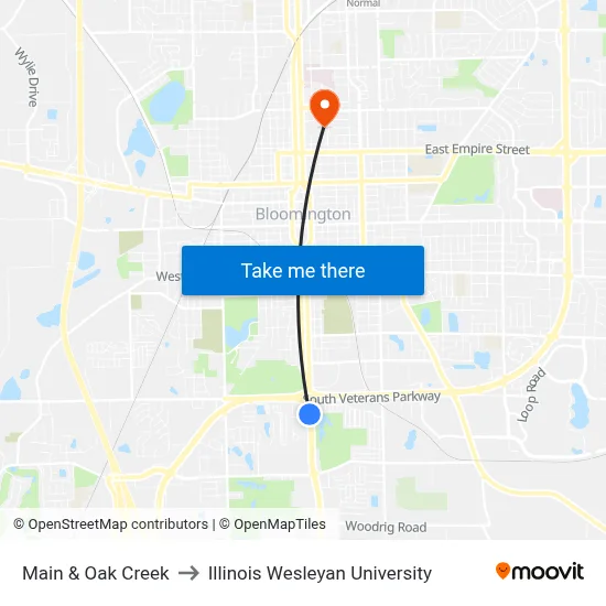 Main & Oak Creek to Illinois Wesleyan University map