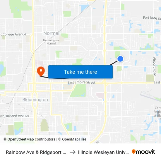 Rainbow & Ridgeport to Illinois Wesleyan University map
