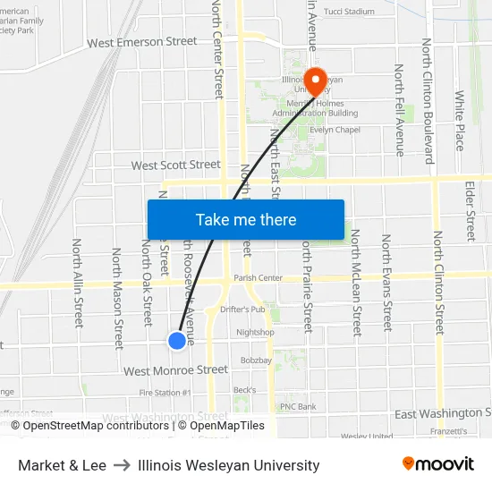 Market & Lee to Illinois Wesleyan University map