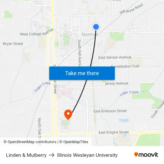 Linden & Mulberry to Illinois Wesleyan University map