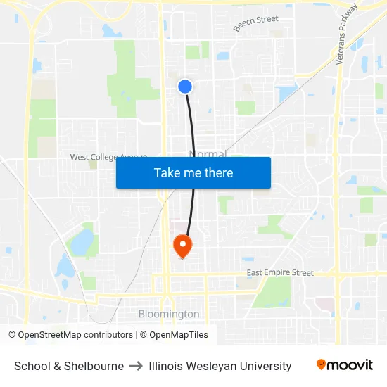 School & Shelbourne to Illinois Wesleyan University map