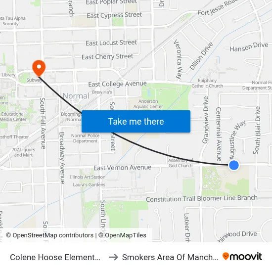 Colene Hoose Elementary School to Smokers Area Of Manchester Hall map