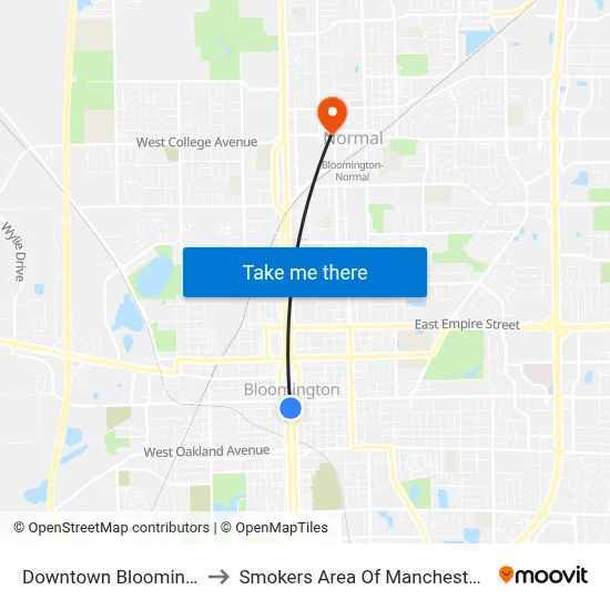 Downtown Bloomington to Smokers Area Of Manchester Hall map