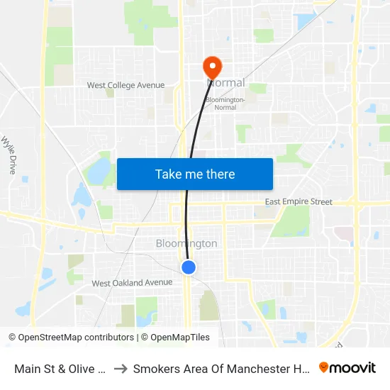 Main St & Olive St to Smokers Area Of Manchester Hall map