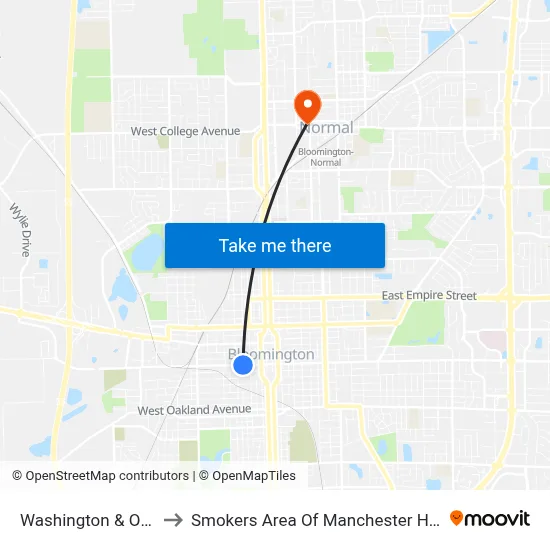 Washington & Oak to Smokers Area Of Manchester Hall map