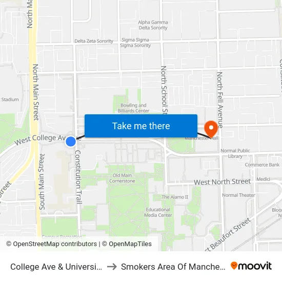 College Ave & University St - S to Smokers Area Of Manchester Hall map