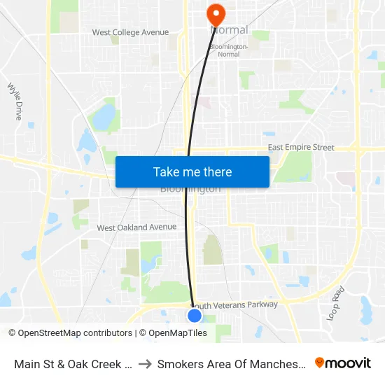Main St & Oak Creek Plaza to Smokers Area Of Manchester Hall map