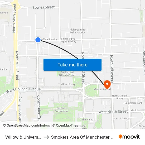 Willow & University to Smokers Area Of Manchester Hall map