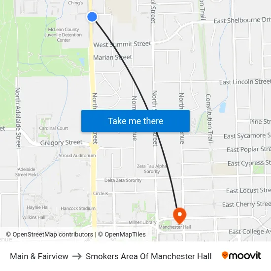 Main & Fairview to Smokers Area Of Manchester Hall map