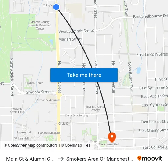 Main St & Alumni Center to Smokers Area Of Manchester Hall map