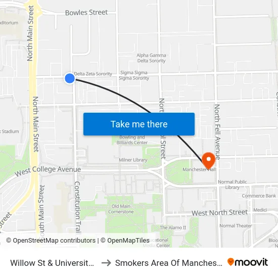 Willow St & University St - S to Smokers Area Of Manchester Hall map
