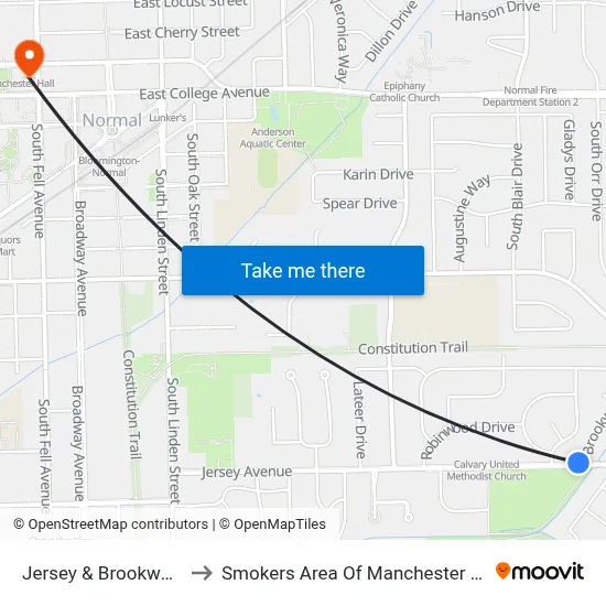 Jersey & Brookwood to Smokers Area Of Manchester Hall map
