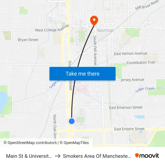 Main St & University St to Smokers Area Of Manchester Hall map