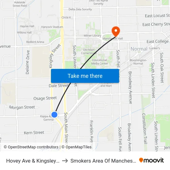 Hovey Ave & Kingsley St - N to Smokers Area Of Manchester Hall map