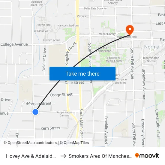 Hovey Ave & Adelaide St - N to Smokers Area Of Manchester Hall map