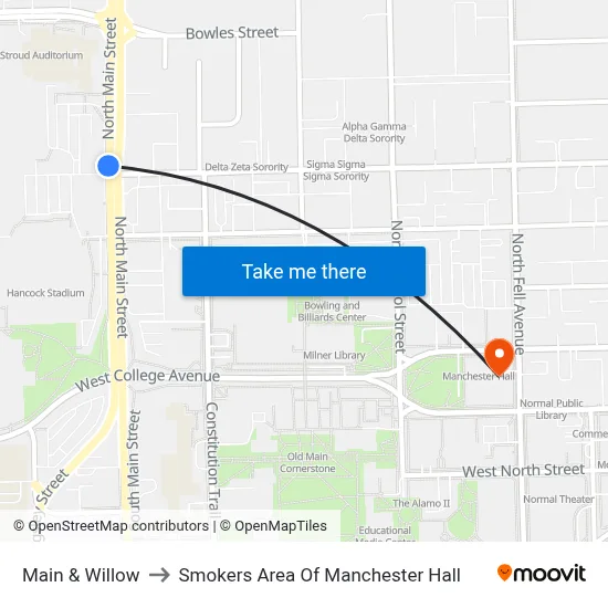 Main & Willow to Smokers Area Of Manchester Hall map