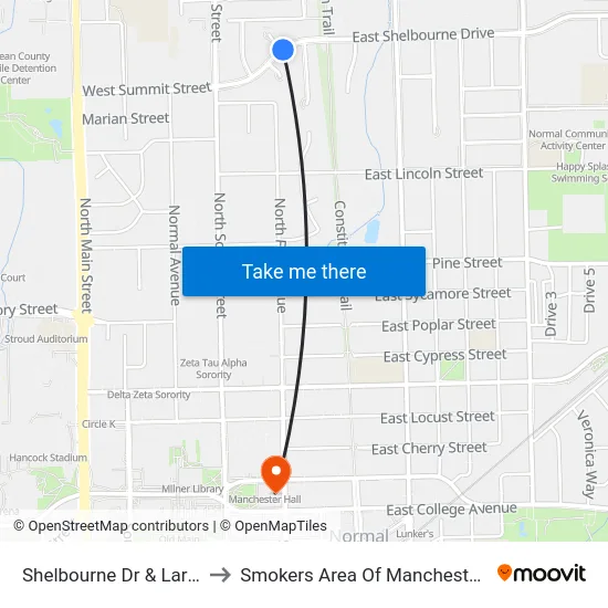 Shelbourne Dr & Larry Ct to Smokers Area Of Manchester Hall map