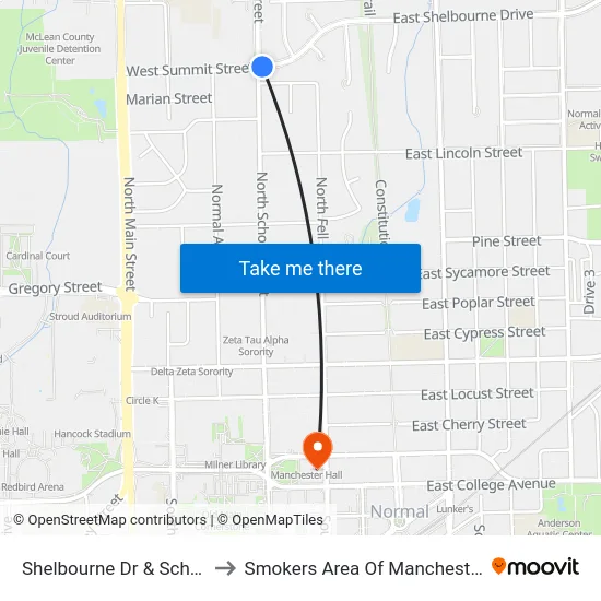 Shelbourne Dr & School St to Smokers Area Of Manchester Hall map