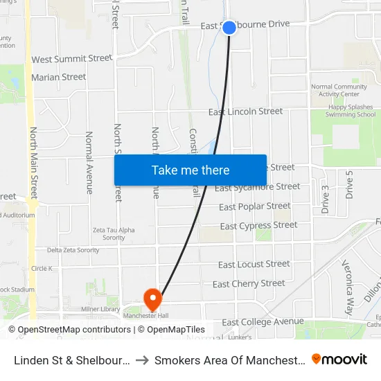 Linden St & Shelbourne Dr to Smokers Area Of Manchester Hall map