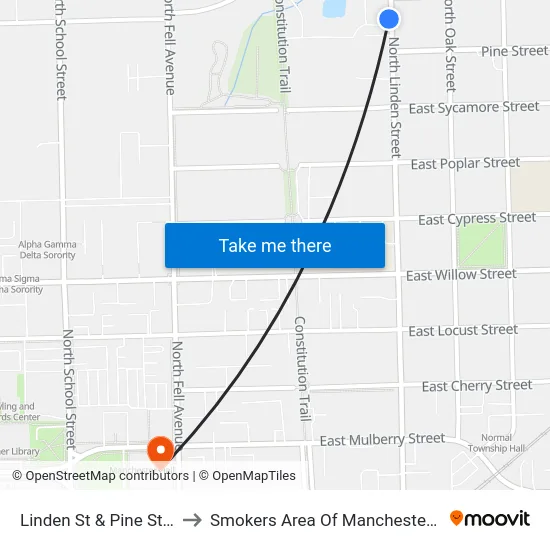 Linden St & Pine St - W to Smokers Area Of Manchester Hall map
