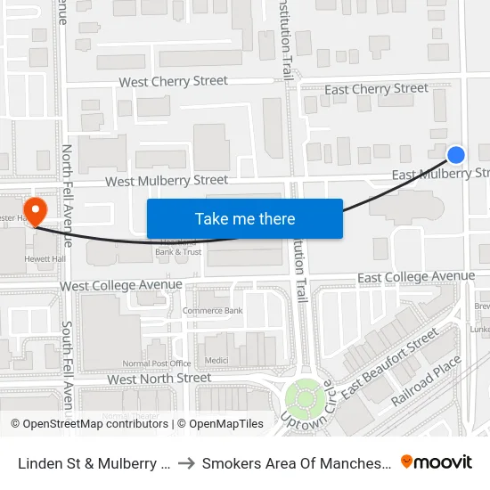Linden St & Mulberry St - W to Smokers Area Of Manchester Hall map